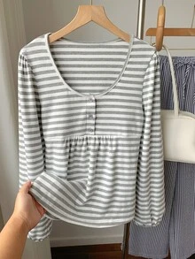 Comfortcana 女款極簡條紋鈕扣半開襟長袖T恤 基本上衣 工作上衣 女款襯衫 Y2K上衣 - 彩色 - 查看 7