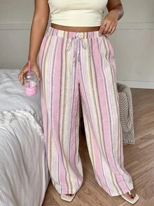 SHEIN Tall CURVE 大尺碼女款抽繩腰粉色拼接休閒寬腿長褲，適合日常穿著、度假、秋季 - 彩色 - 查看 7