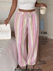 SHEIN Tall CURVE 大尺碼女款抽繩腰粉色拼接休閒寬腿長褲，適合日常穿著、度假、秋季 - 彩色 - 查看 1