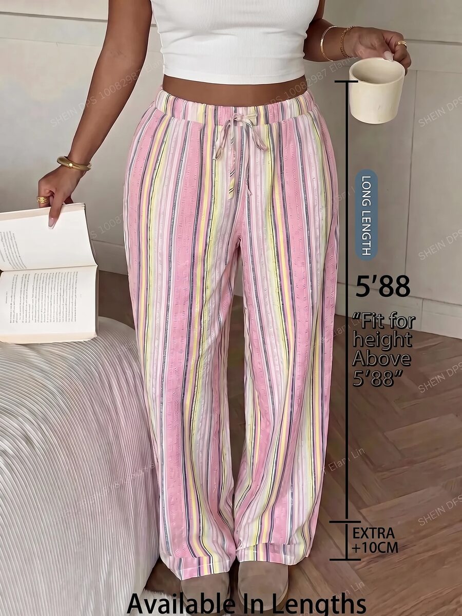 SHEIN Tall CURVE 大尺碼女款抽繩腰粉色拼接休閒寬腿長褲,適合日常穿著、度假、秋季 - 彩色 - 查看 1