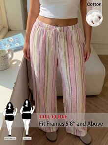 SHEIN Tall CURVE 大尺碼女款抽繩腰粉色拼接休閒寬腿長褲，適合日常穿著、度假、秋季 - 彩色 - 查看 4