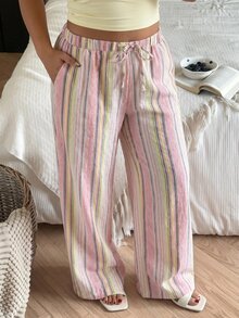 SHEIN Tall CURVE 大尺碼女款抽繩腰粉色拼接休閒寬腿長褲，適合日常穿著、度假、秋季 - 彩色 - 查看 6