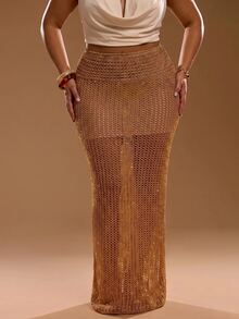 SHEIN PETITE CURVE تنورة محبوكة بلون موحد بتصميم مفرغ كاجوال للاستخدام اليومي للنساء ذوات الحجم الكبير - الذهبي - مشاهدة 11