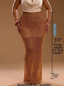 SHEIN PETITE CURVE تنورة محبوكة بلون موحد بتصميم مفرغ كاجوال للاستخدام اليومي للنساء ذوات الحجم الكبير - الذهبي - مشاهدة 2