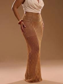 SHEIN PETITE CURVE تنورة محبوكة بلون موحد بتصميم مفرغ كاجوال للاستخدام اليومي للنساء ذوات الحجم الكبير - الذهبي - مشاهدة 5