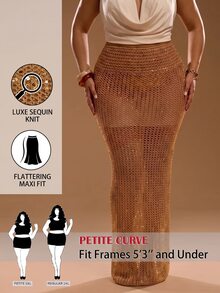 SHEIN PETITE CURVE تنورة محبوكة بلون موحد بتصميم مفرغ كاجوال للاستخدام اليومي للنساء ذوات الحجم الكبير - الذهبي - مشاهدة 1