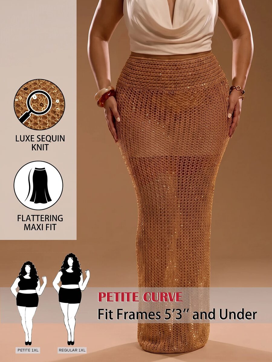 SHEIN PETITE CURVE تنورة محبوكة بلون موحد بتصميم مفرغ كاجوال للاستخدام اليومي للنساء ذوات الحجم الكبير - الذهبي - مشاهدة 1