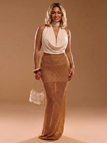 SHEIN PETITE CURVE تنورة محبوكة بلون موحد بتصميم مفرغ كاجوال للاستخدام اليومي للنساء ذوات الحجم الكبير - الذهبي - مشاهدة 9
