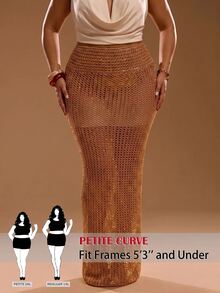 SHEIN PETITE CURVE تنورة محبوكة بلون موحد بتصميم مفرغ كاجوال للاستخدام اليومي للنساء ذوات الحجم الكبير - الذهبي - مشاهدة 8