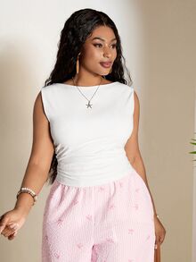 SHEIN PETITE CURVE Plus Size Women's Solid Color Round Neck Ruched Slim Fit Tank Top - White - View 3