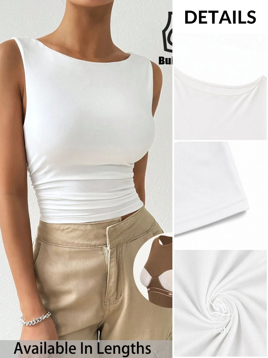 SHEIN PETITE CURVE Plus Size Women's Solid Color Round Neck Ruched Slim Fit Tank Top - White - View 1