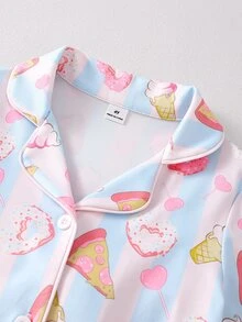 SHEIN 女童甜美可愛優雅休閒日常舒適粉藍蝴蝶結甜甜圈卡通印花前開襟長袖上衣與長褲2件套居家服 - 彩色 - 查看 10