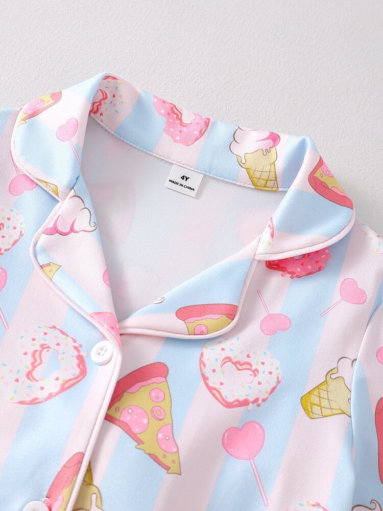 SHEIN Girls Sweet Cute Elegant Casual Daily Comfortable Pink Blue Bow Donut Cartoon Print Open Front Long Sleeve Top And Pants 2 Pieces Loungewear Set - Multicolor - View 7