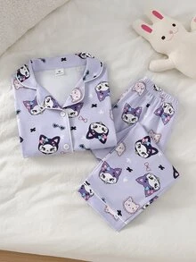 SHEIN 女童甜美可愛優雅休閒日常舒適紫色小貓兔子蝴蝶結卡通印花開襟長袖上衣與長褲兩件套 柔軟親膚針織面料居家服 - 彩色 - 查看 3