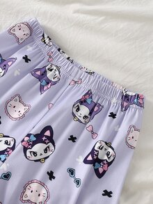 SHEIN 女童甜美可愛優雅休閒日常舒適紫色小貓兔子蝴蝶結卡通印花開襟長袖上衣與長褲兩件套 柔軟親膚針織面料居家服 - 彩色 - 查看 7