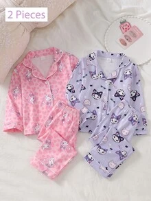 SHEIN 女童甜美可愛優雅休閒日常舒適紫色小貓兔子蝴蝶結卡通印花開襟長袖上衣與長褲兩件套 柔軟親膚針織面料居家服 - 彩色 - 查看 1