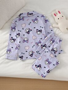SHEIN 女童甜美可愛優雅休閒日常舒適紫色小貓兔子蝴蝶結卡通印花開襟長袖上衣與長褲兩件套 柔軟親膚針織面料居家服 - 彩色 - 查看 2