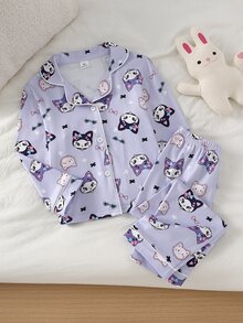 SHEIN 女童甜美可愛優雅休閒日常舒適紫色小貓兔子蝴蝶結卡通印花開襟長袖上衣與長褲兩件套 柔軟親膚針織面料居家服 - 彩色 - 查看 4