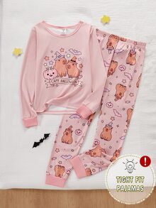 女童長袖修身居家服套裝，南瓜女巫水豚印花上衣 + 全身女巫豚鼠蝙蝠印花長褲 2 件套，休閒舒適修身睡衣，適合中大童與青少年女孩，可愛水豚圖案，柔軟舒適面料，送給女孩的最佳禮物 - 藕粉色 - 查看 4