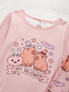 女童長袖修身居家服套裝，南瓜女巫水豚印花上衣 + 全身女巫豚鼠蝙蝠印花長褲 2 件套，休閒舒適修身睡衣，適合中大童與青少年女孩，可愛水豚圖案，柔軟舒適面料，送給女孩的最佳禮物 - 藕粉色 - 查看 5