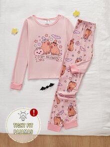 女童長袖修身居家服套裝，南瓜女巫水豚印花上衣 + 全身女巫豚鼠蝙蝠印花長褲 2 件套，休閒舒適修身睡衣，適合中大童與青少年女孩，可愛水豚圖案，柔軟舒適面料，送給女孩的最佳禮物 - 藕粉色 - 查看 3