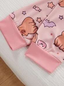 女童長袖修身居家服套裝，南瓜女巫水豚印花上衣 + 全身女巫豚鼠蝙蝠印花長褲 2 件套，休閒舒適修身睡衣，適合中大童與青少年女孩，可愛水豚圖案，柔軟舒適面料，送給女孩的最佳禮物 - 藕粉色 - 查看 6