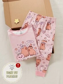 女童長袖修身居家服套裝，南瓜女巫水豚印花上衣 + 全身女巫豚鼠蝙蝠印花長褲 2 件套，休閒舒適修身睡衣，適合中大童與青少年女孩，可愛水豚圖案，柔軟舒適面料，送給女孩的最佳禮物 - 藕粉色 - 查看 1