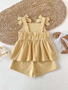 SHEIN 2件組幼兒女嬰背心短褲套裝，可愛甜美公主風，黃色花卉刺繡蝴蝶結，無袖方領，休閒海灘夏季芭蕾獨角獸套裝 - 黃色 - 查看 2