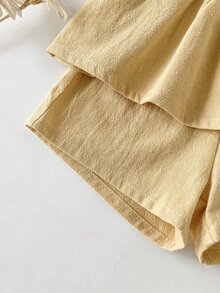 SHEIN 2件組幼兒女嬰背心短褲套裝，可愛甜美公主風，黃色花卉刺繡蝴蝶結，無袖方領，休閒海灘夏季芭蕾獨角獸套裝 - 黃色 - 查看 5