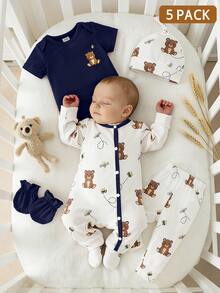 SHEIN 5-Piece Baby Girls Boys Clothes Set Newborn Bear Outfit Footed Jumpsuit Cap&Mittens Brown And White Polka Dot Autumn Cute Holiday Gift Breathable - Navy Blue - View 1