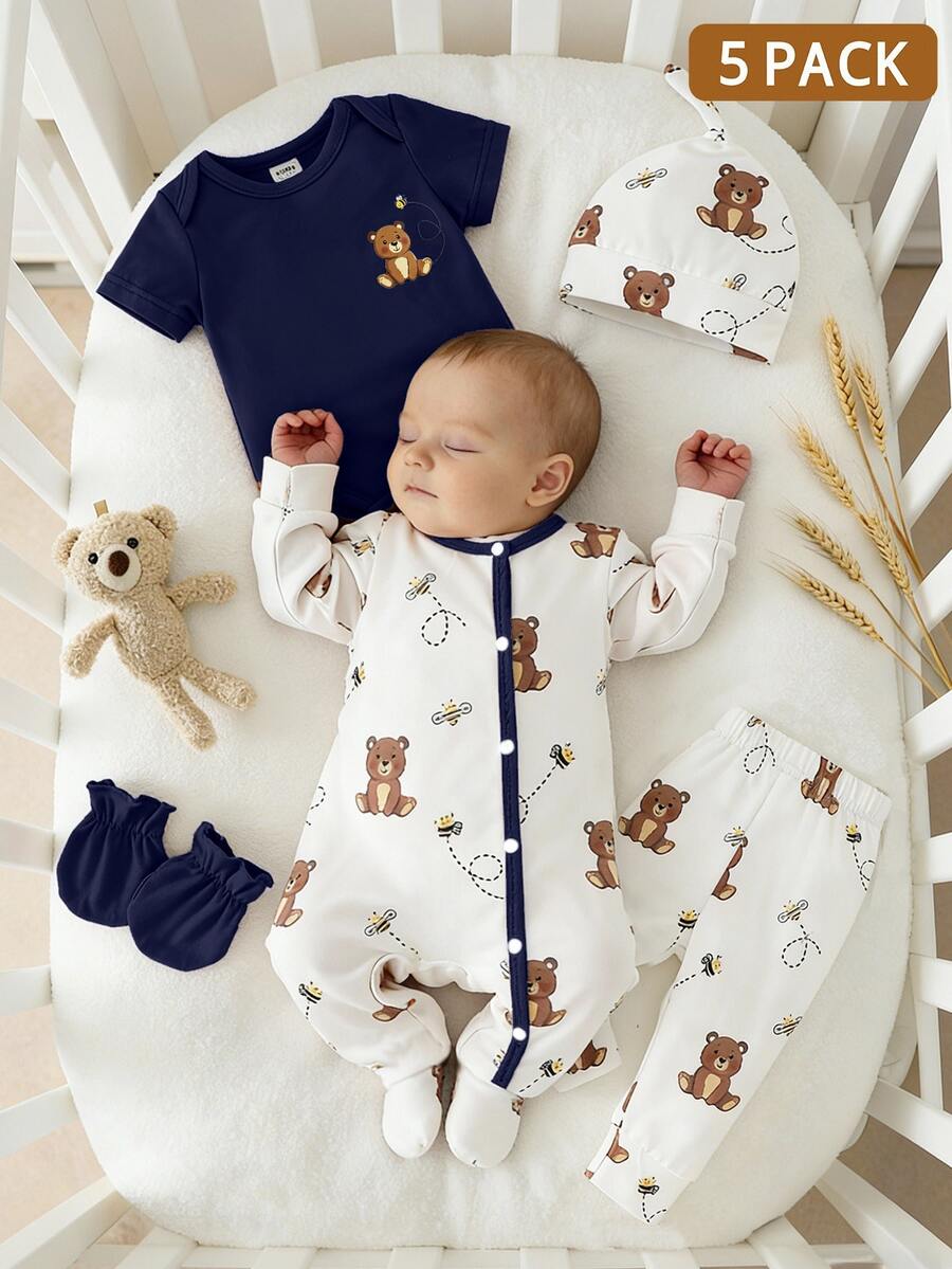 SHEIN 5-Piece Baby Girls Boys Clothes Set Newborn Bear Outfit Footed Jumpsuit Cap&Mittens Brown And White Polka Dot Autumn Cute Holiday Gift Breathable - Navy Blue - View 1