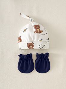 SHEIN 5-Piece Baby Girls Boys Clothes Set Newborn Bear Outfit Footed Jumpsuit Cap&Mittens Brown And White Polka Dot Autumn Cute Holiday Gift Breathable - Navy Blue - View 5