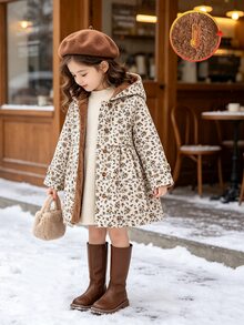 SHEIN Elladie kids 女童冬季外套，卡其色花卉圖案，保暖內裡，連帽，雙排扣，時尚夾克，適合日常休閒、學院風、田園風，秋冬款 - 卡其色 - 查看 4