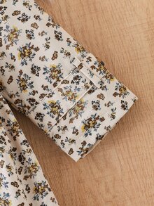 SHEIN Elladie kids 女童冬季外套，卡其色花卉圖案，保暖內裡，連帽，雙排扣，時尚夾克，適合日常休閒、學院風、田園風，秋冬款 - 卡其色 - 查看 5