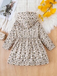 SHEIN Elladie kids 女童冬季外套，卡其色花卉圖案，保暖內裡，連帽，雙排扣，時尚夾克，適合日常休閒、學院風、田園風，秋冬款 - 卡其色 - 查看 2