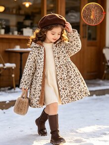 SHEIN Elladie kids 女童冬季外套，卡其色花卉圖案，保暖內裡，連帽，雙排扣，時尚夾克，適合日常休閒、學院風、田園風，秋冬款 - 卡其色 - 查看 1