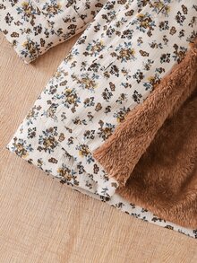 SHEIN Elladie kids 女童冬季外套，卡其色花卉圖案，保暖內裡，連帽，雙排扣，時尚夾克，適合日常休閒、學院風、田園風，秋冬款 - 卡其色 - 查看 8