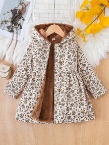 SHEIN Elladie kids 女童冬季外套，卡其色花卉圖案，保暖內裡，連帽，雙排扣，時尚夾克，適合日常休閒、學院風、田園風，秋冬款 - 卡其色 - 查看 6