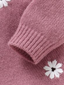 SHEIN 1件春秋款豆沙粉女童雛菊刺繡針織毛衣，嬰幼兒圓領插肩長袖清新花卉軟綿套頭上衣，寶寶外出內搭針織開襟衫 - 粉色 - 查看 7