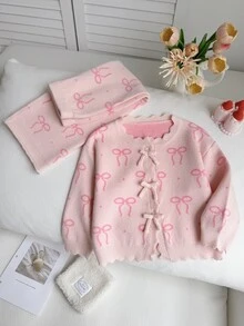 SHEIN 女童 2 件套針織套裝，圓領開襟衫搭配提花蝴蝶結設計，精緻厚實工藝 + 針織長褲，舒適柔軟粉色，甜美休閒優雅簡約風，適合秋冬旅行、出遊、派對、戶外日常穿著 - 粉色 - 查看 10