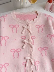 SHEIN 女童 2 件套針織套裝，圓領開襟衫搭配提花蝴蝶結設計，精緻厚實工藝 + 針織長褲，舒適柔軟粉色，甜美休閒優雅簡約風，適合秋冬旅行、出遊、派對、戶外日常穿著 - 粉色 - 查看 5