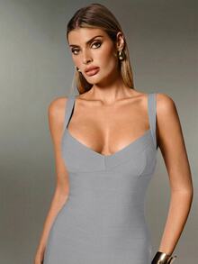 Nuvra Sexy Black Knit Spaghetti Strap Sleeveless Bodycon Mini Dress For Party And Holiday, Women's - Light Grey - View 6