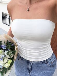 GalTyme Plus Size Plain Pencil Fit Strapless Top With Pleats - White - View 8