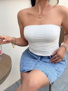 GalTyme Plus Size Plain Pencil Fit Strapless Top With Pleats - White - View 6