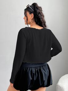 SHEIN EZwear Plus Size Women's Black Long Sleeve Single-Breasted Casual Baggy Smart T-Shirt Autumn Formal Vacation Going Out - Black - View 3