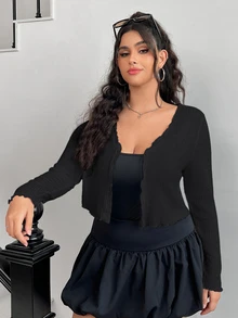SHEIN EZwear Plus Size Women's Black Long Sleeve Single-Breasted Casual Baggy Smart T-Shirt Autumn Formal Vacation Going Out - Black - View 5