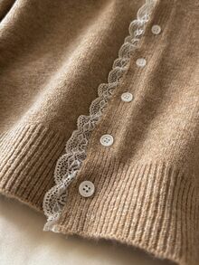 CosyJoli Plus Size Elegant French Minimalist Commute Vacation Contrast Lace Premium Autumn/Winter Knit Sweater Cardigan Top For Women - Khaki - View 4