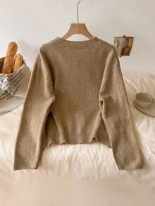 CosyJoli Plus Size Elegant French Minimalist Commute Vacation Contrast Lace Premium Autumn/Winter Knit Sweater Cardigan Top For Women - Khaki - View 3