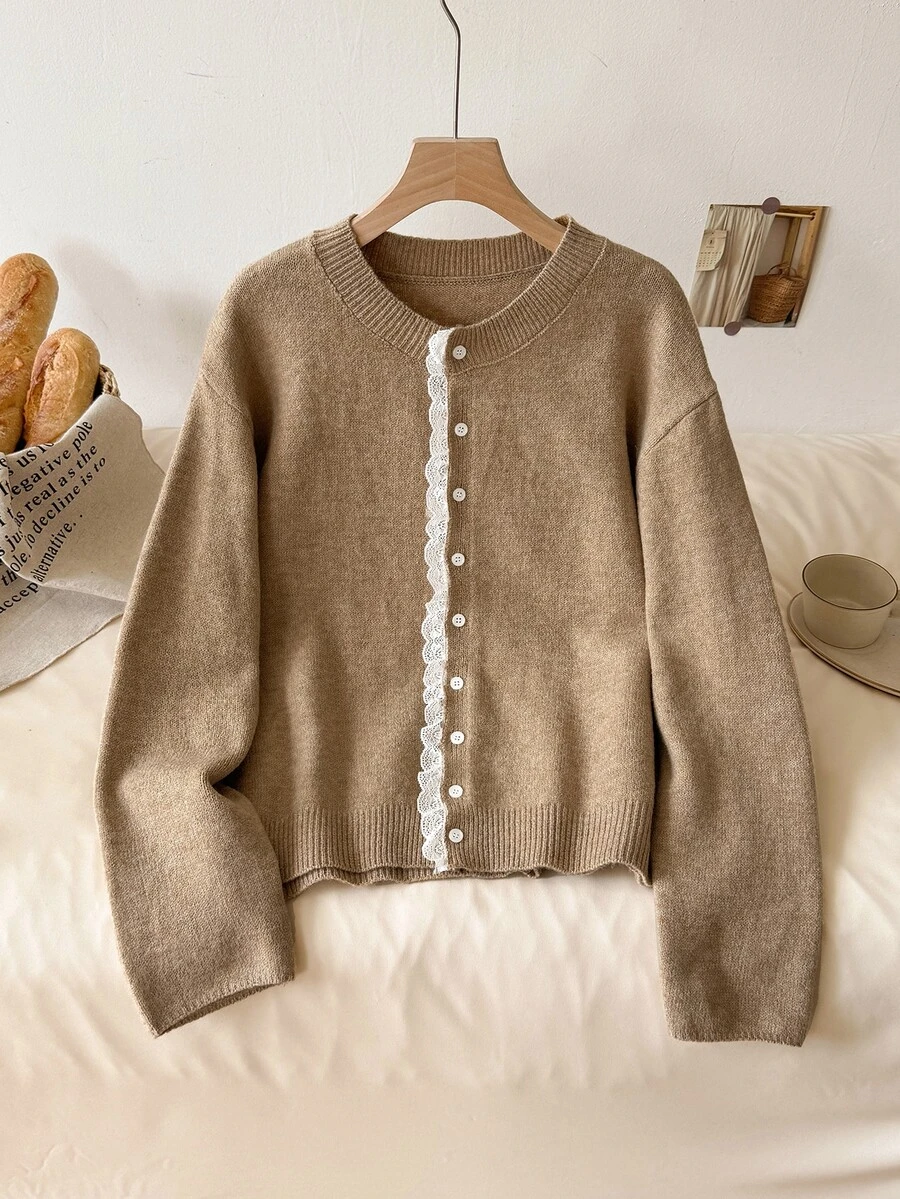 CosyJoli Plus Size Elegant French Minimalist Commute Vacation Contrast Lace Premium Autumn/Winter Knit Sweater Cardigan Top For Women