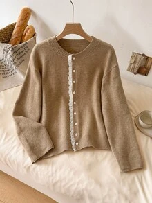 CosyJoli Plus Size Elegant French Minimalist Commute Vacation Contrast Lace Premium Autumn/Winter Knit Sweater Cardigan Top For Women - Khaki - View 6